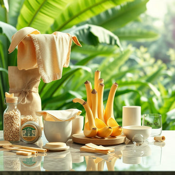 Digital artwork depicting banana stems transformed into sustainable products