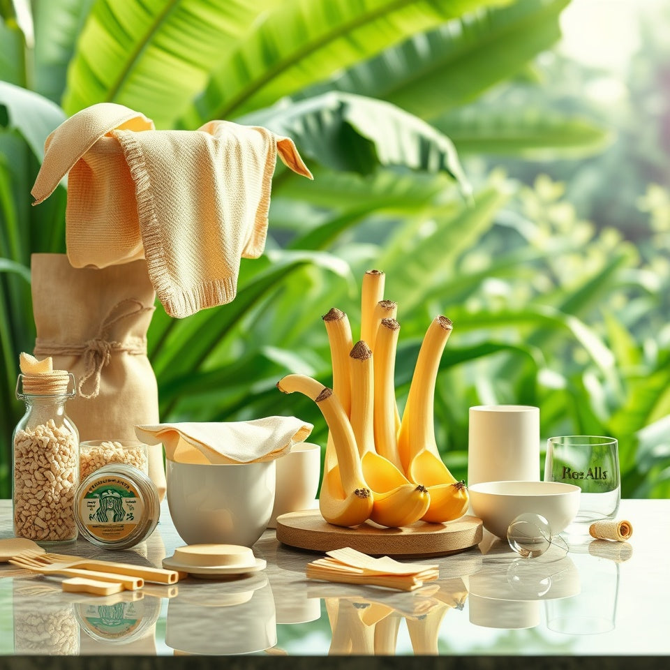 Digital artwork depicting banana stems transformed into sustainable products