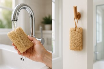 Banana fiber loofah being rinsed and air-dried for hygiene maintenance