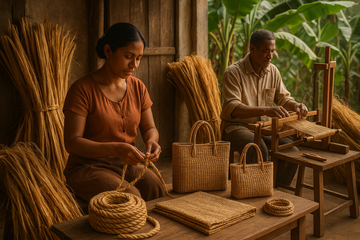 Banana stems being processed into eco-friendly fiber products