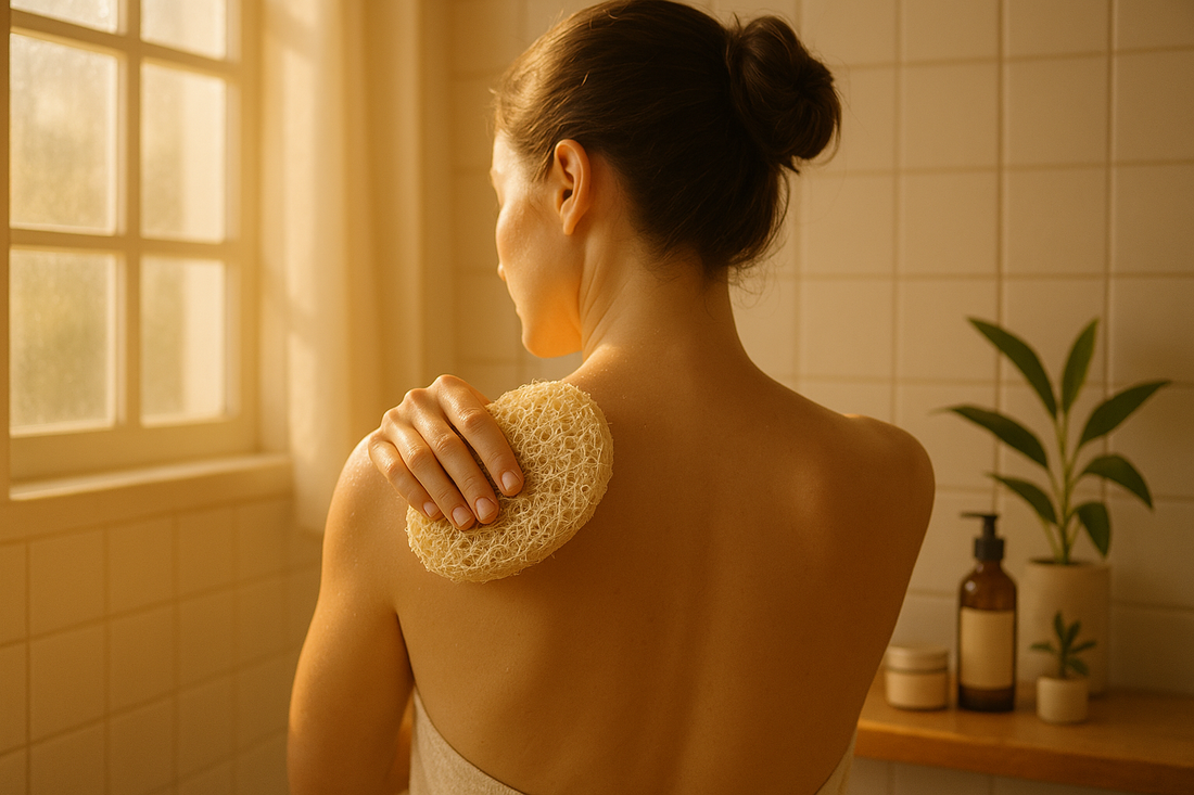 Person exfoliating with a banana fiber loofah in a sunlit bathroom