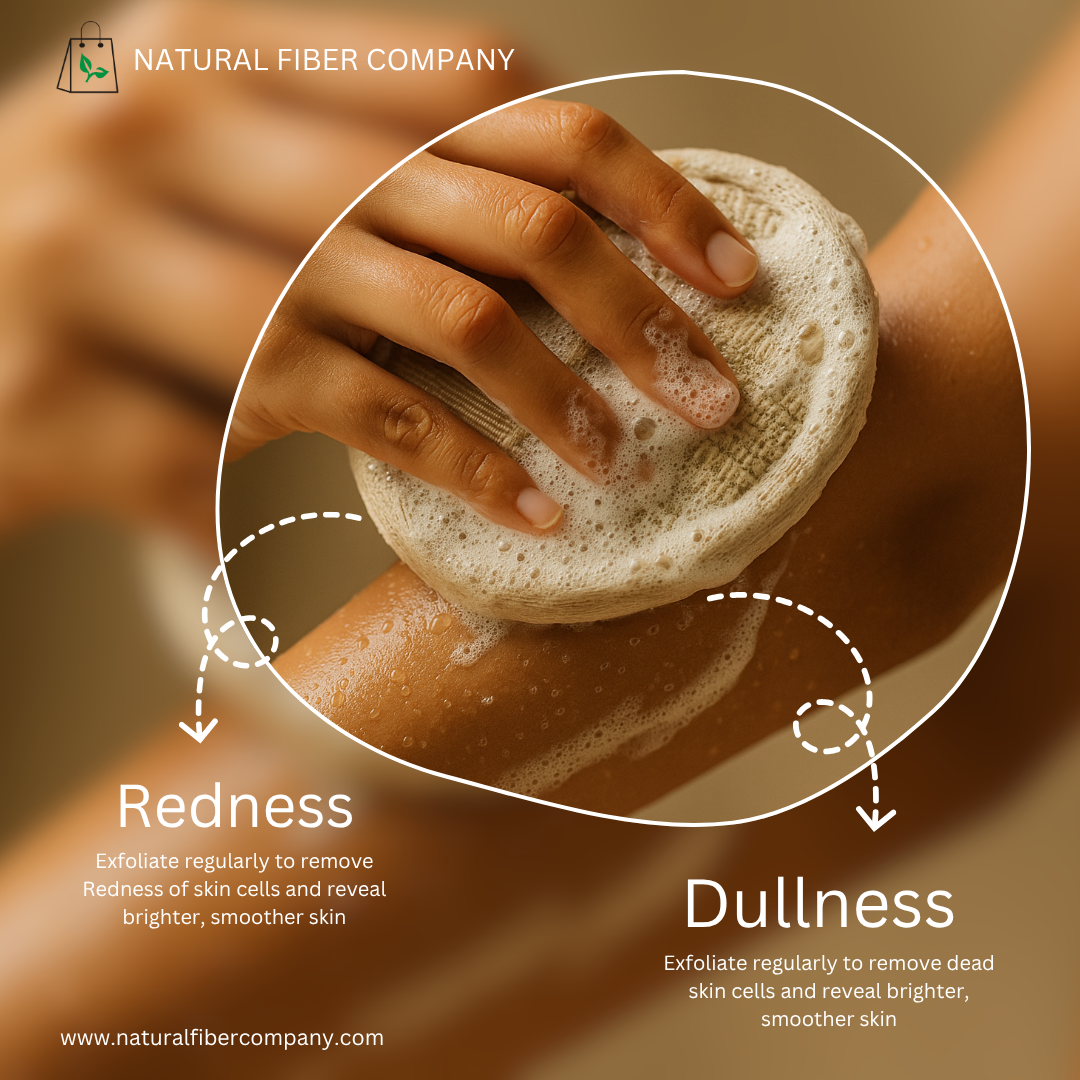 Hand using a natural fiber exfoliating pad with text on redness and dullness, branded as Natural Fiber Company.