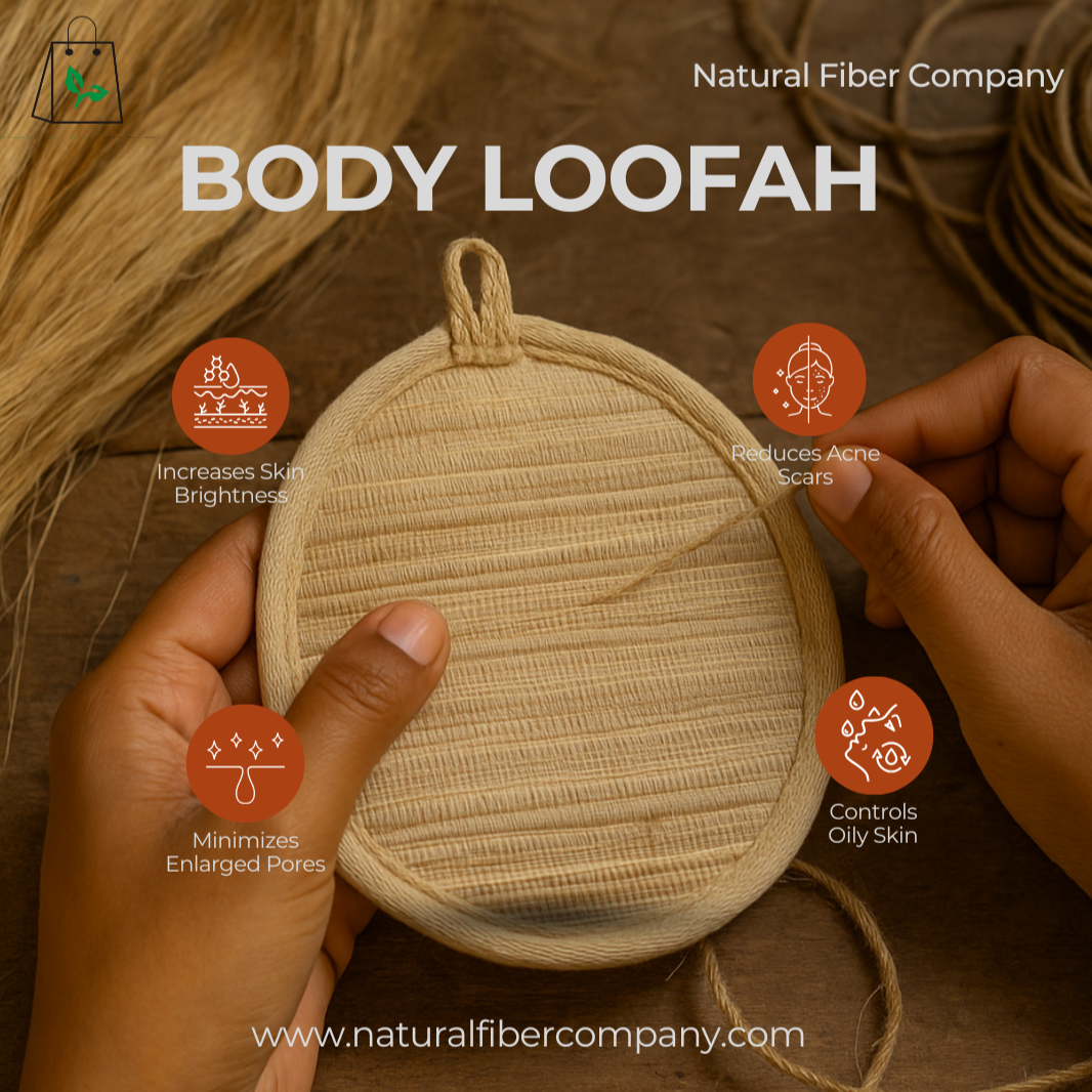 Body loofah held by hands with benefits listed, branded as Natural Fiber Company.