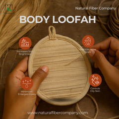 Body loofah held by hands with benefits listed, branded as Natural Fiber Company.