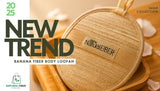 Banana fiber body loofah with 'Natural Fiber' branding on a wooden background